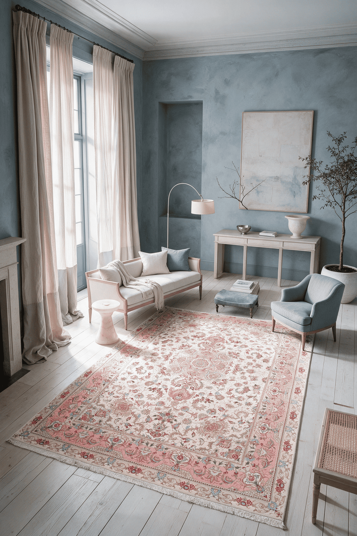 Floral field detail on cream rose Persian Tabriz rug