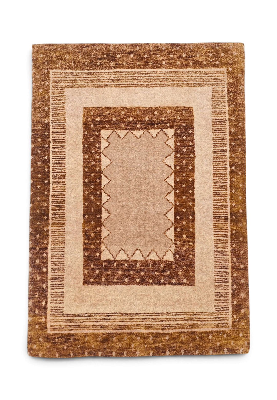 Camel and chestnut concentric frame Loribaf rug, 61×90cm