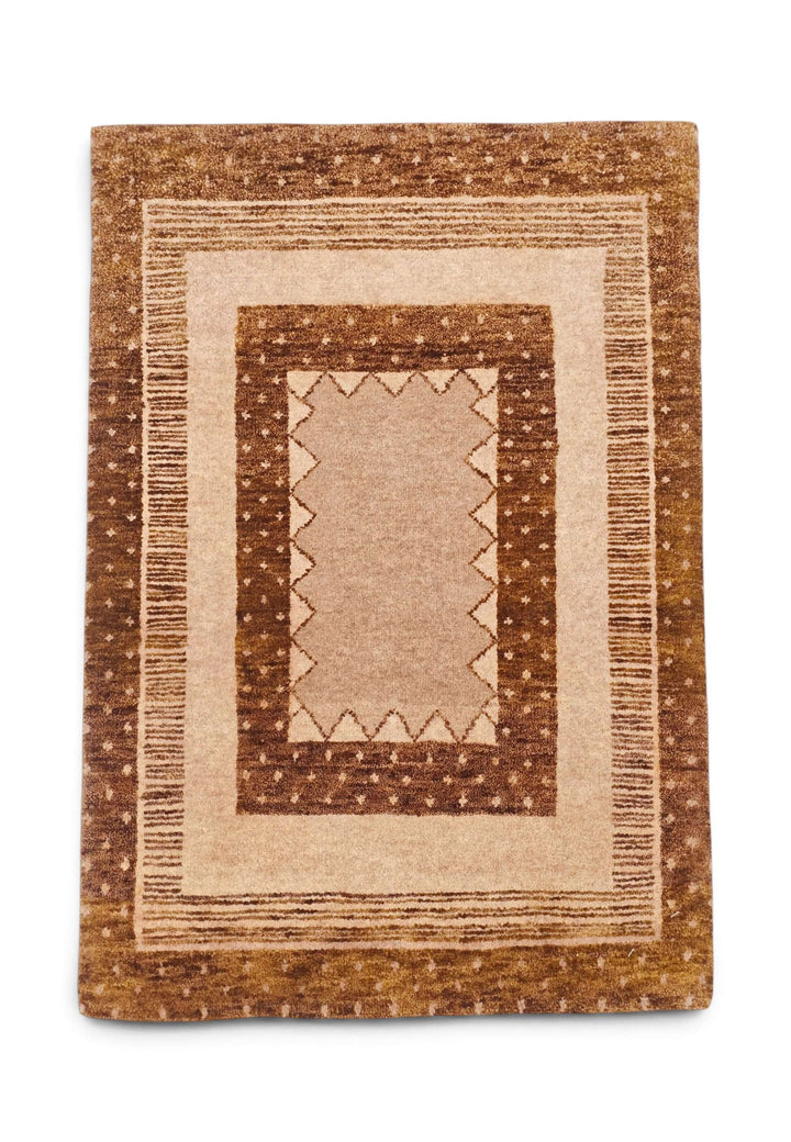 Camel and chestnut concentric frame Loribaf rug, 61×90cm