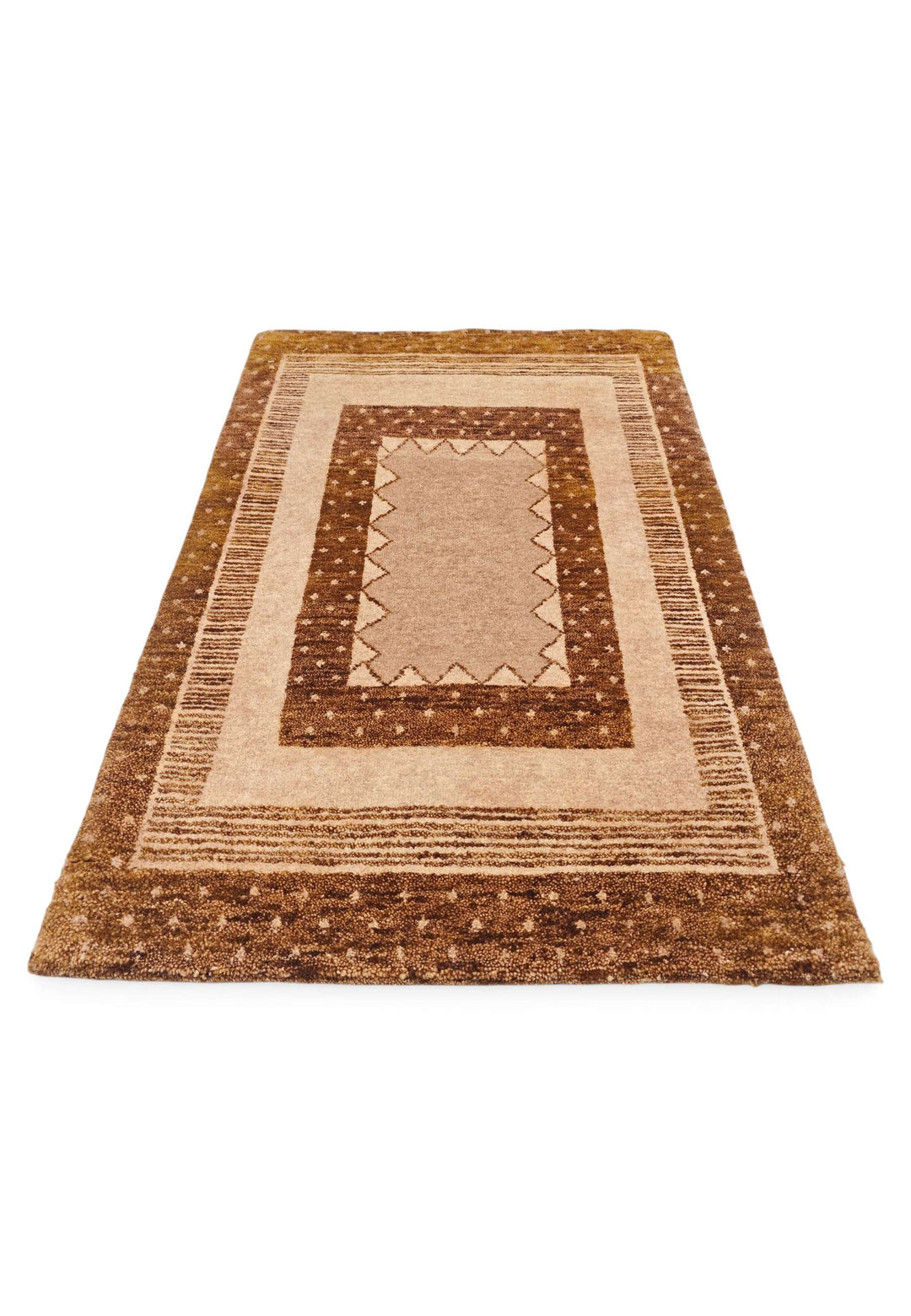 Border detail of camel Loribaf hand-knotted rug
