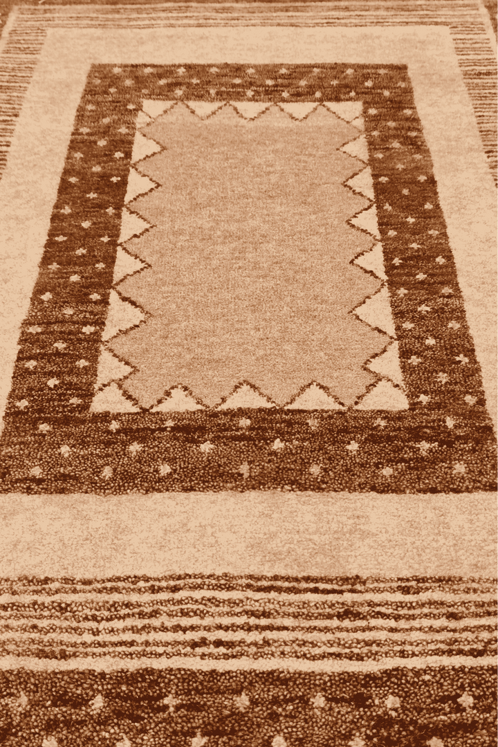 One-of-a-kind camel and chestnut Loribaf rug