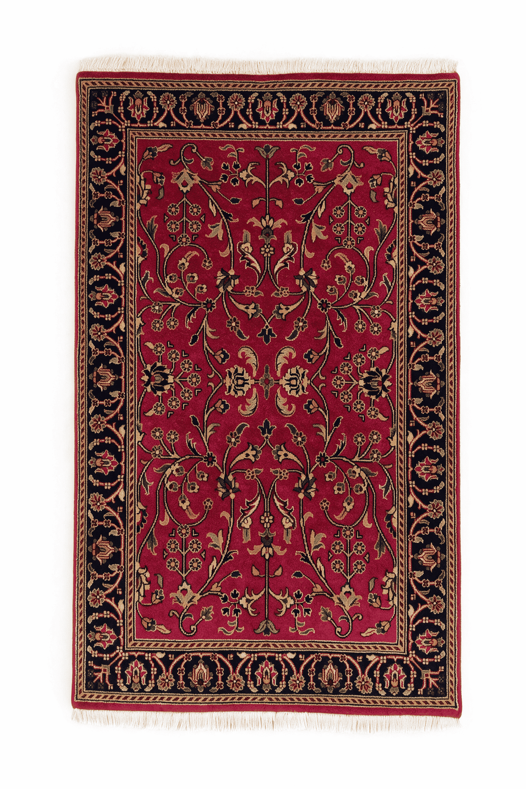 Crimson and indigo Sarouk floral rug, 63×89cm, entrance mat size