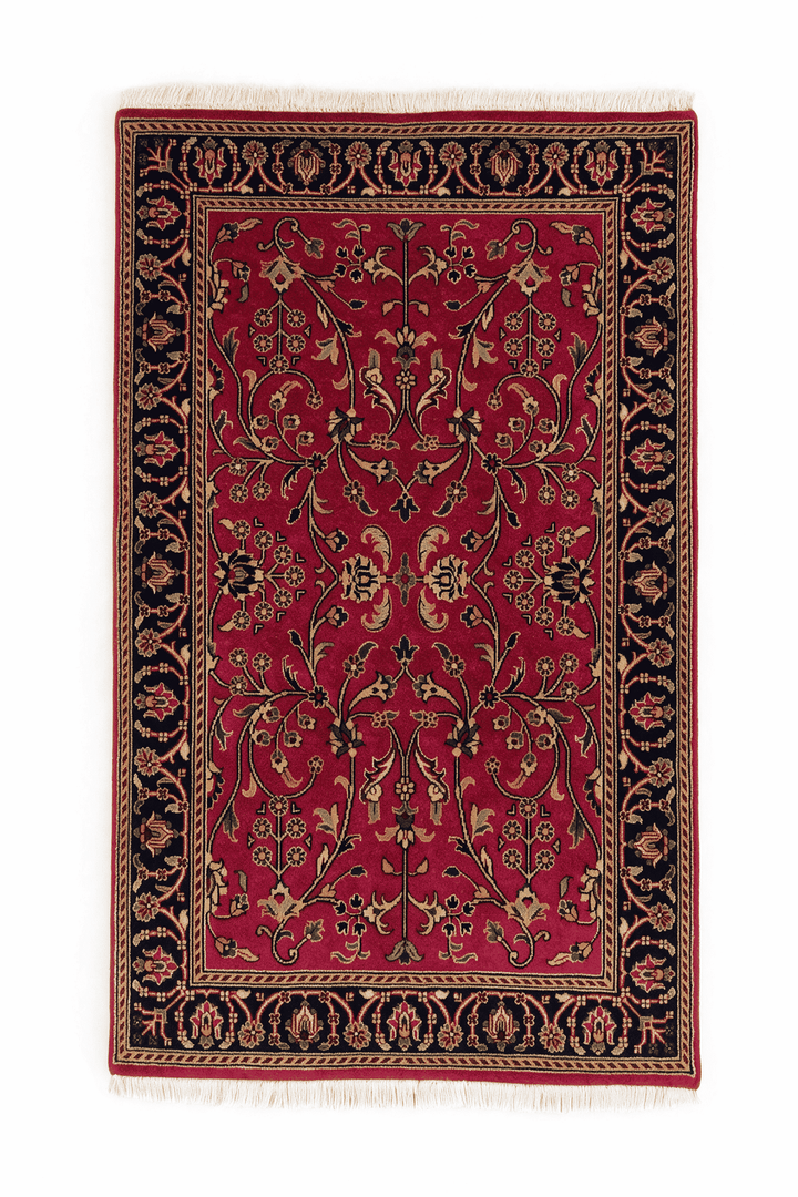 Crimson and indigo Sarouk floral rug, 63×89cm, entrance mat size
