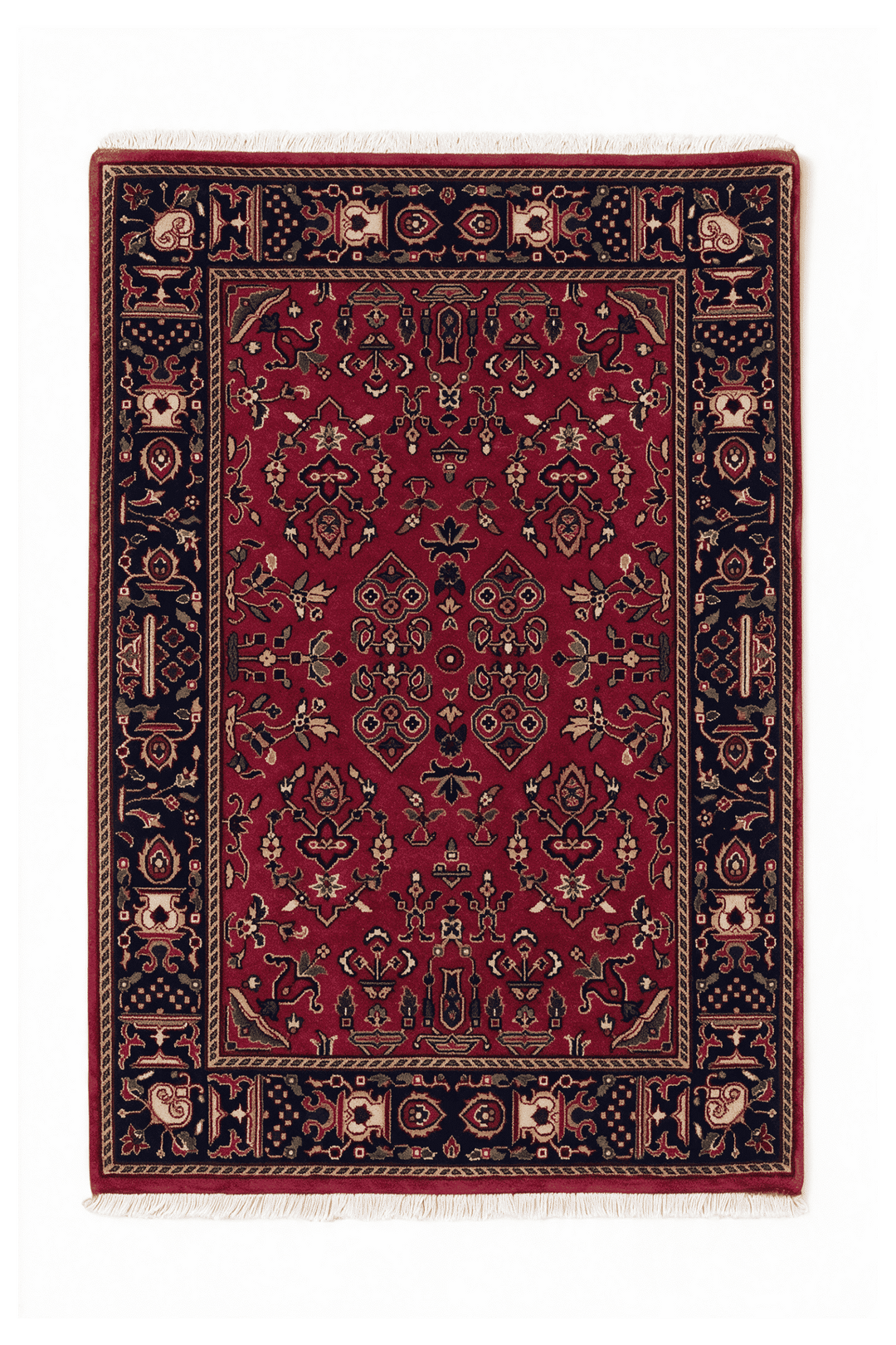 Madder red and indigo Sarouk garden floral rug, 63×93cm