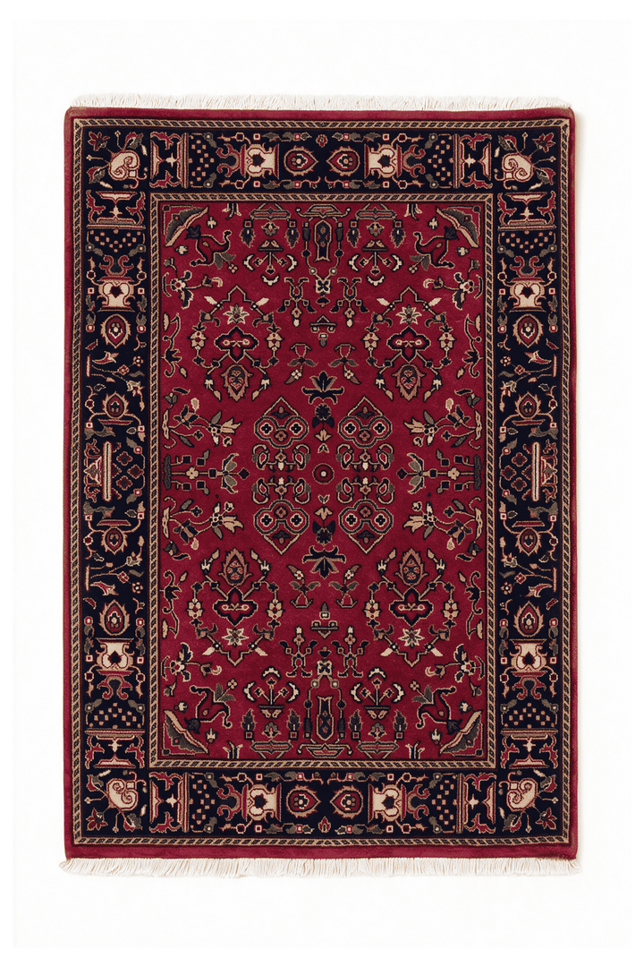 Madder red and indigo Sarouk garden floral rug, 63×93cm