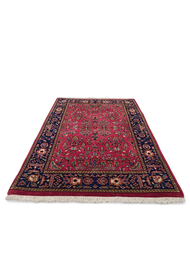Hand-knotted wool pile of madder Sarouk rug, 63×93cm