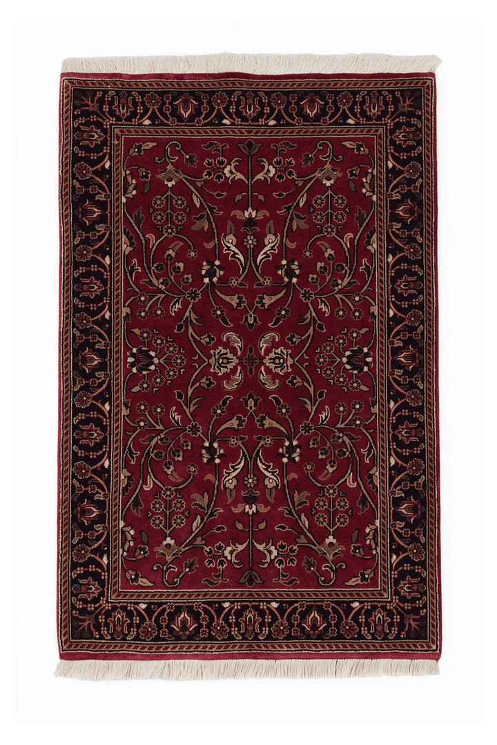 Oxblood and navy Hereke floral rug, 61×91cm, entrance mat size