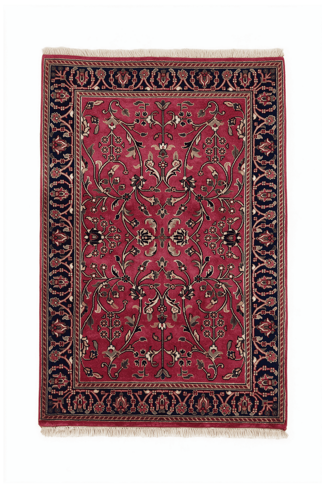 Magenta and navy Hereke floral vine rug, 60×90cm, entrance mat