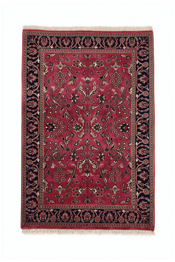 Magenta and navy Hereke floral vine rug, 60×90cm, entrance mat
