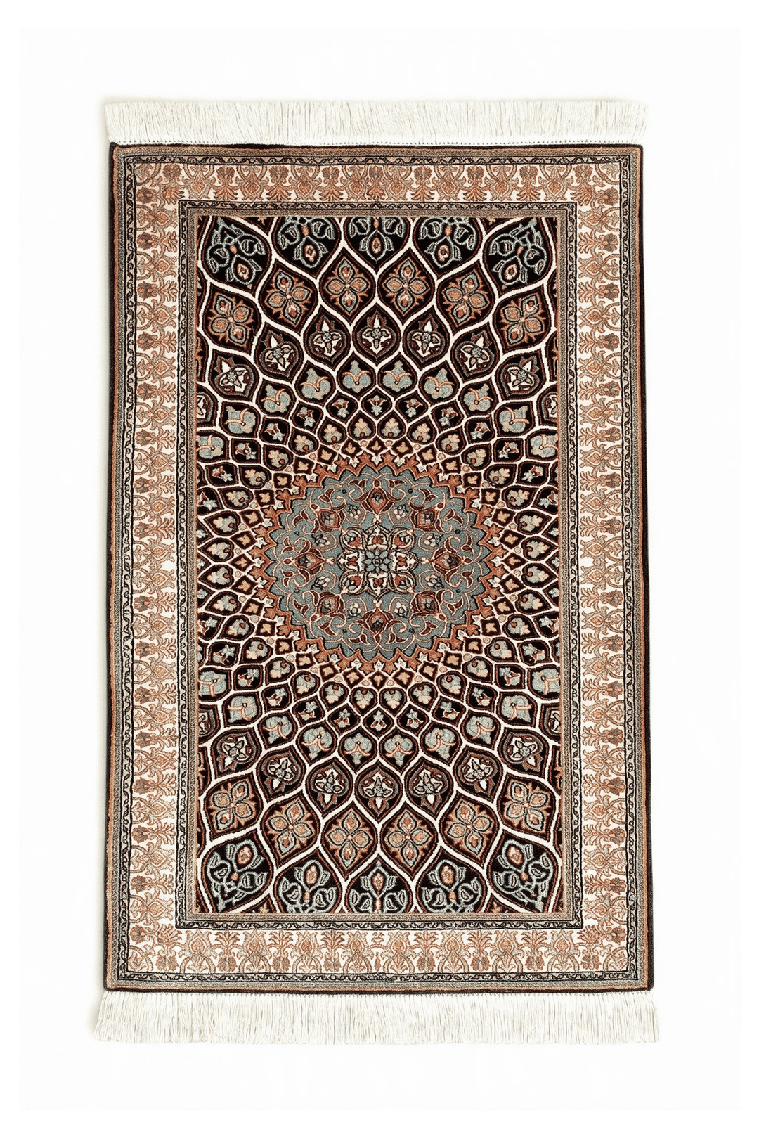 Espresso Kashmiri Silk Rug, medallion design, hand-knotted, 60×94cm