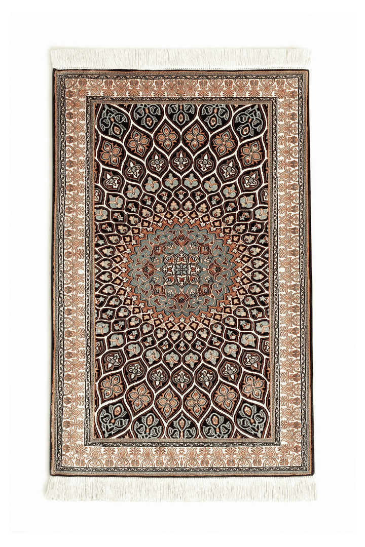 Espresso Kashmiri Silk Rug, medallion design, hand-knotted, 60×94cm