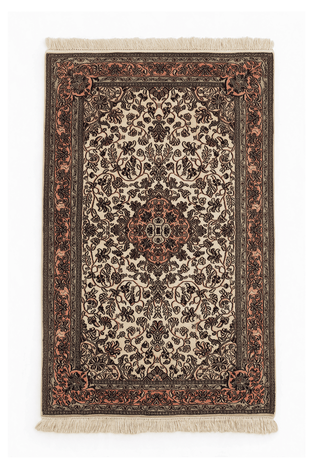 Ivory Kashmiri Silk Rug, medallion design, hand-knotted, 62×96cm