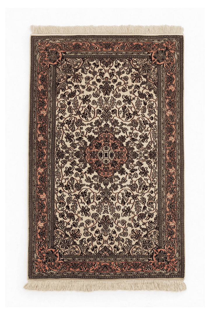 Ivory Kashmiri Silk Rug, medallion design, hand-knotted, 62×96cm