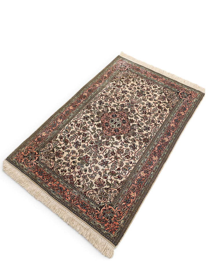 Ivory Kashmiri Silk Rug, hand-knotted, 62×96cm, photo 5