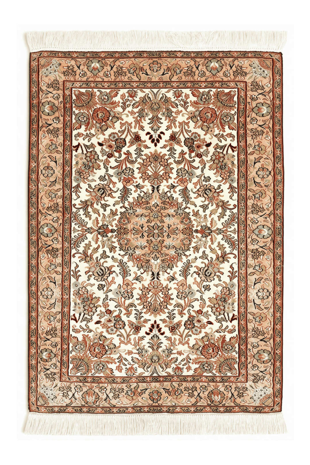 Ivory Kashmiri Silk Rug, medallion design, hand-knotted, 63×94cm