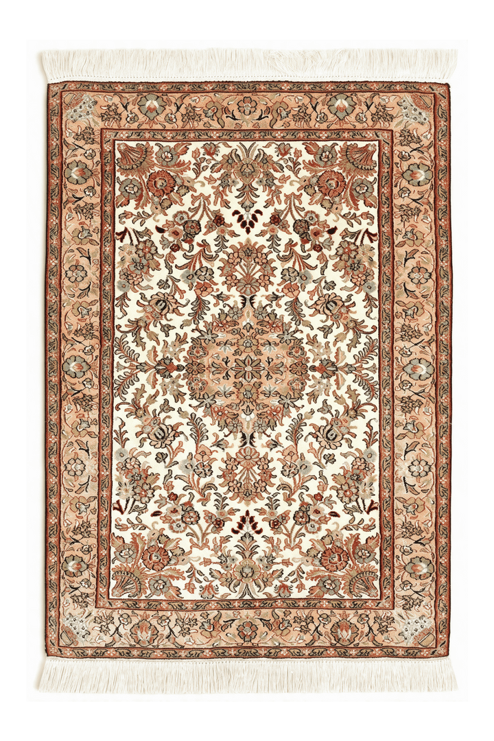 Ivory Kashmiri Silk Rug, medallion design, hand-knotted, 63×94cm