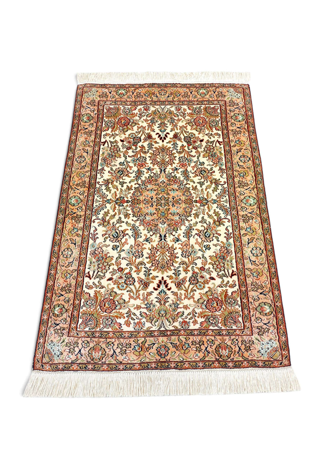 Ivory Kashmiri Silk Rug, hand-knotted, 63×94cm, photo 3