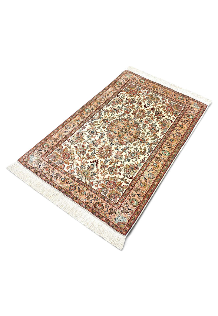 Ivory Kashmiri Silk Rug, hand-knotted, 63×94cm, photo 4
