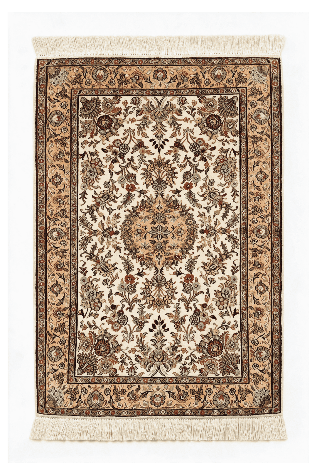 Ivory Kashmiri Silk Rug, medallion design, hand-knotted, 66×94cm