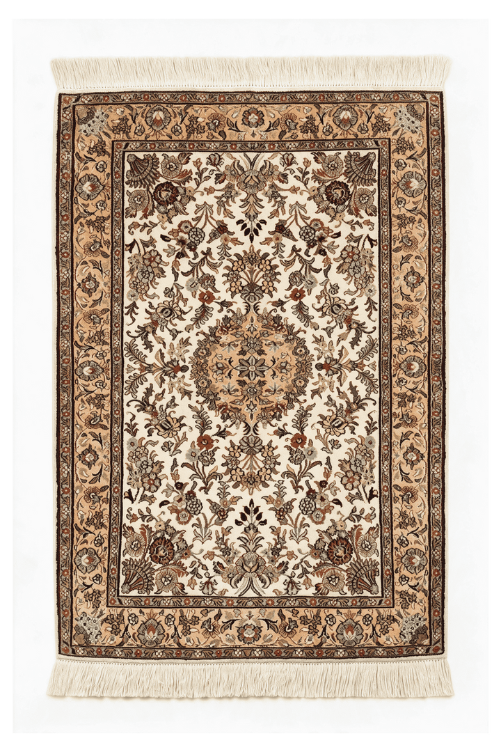 Ivory Kashmiri Silk Rug, medallion design, hand-knotted, 66×94cm