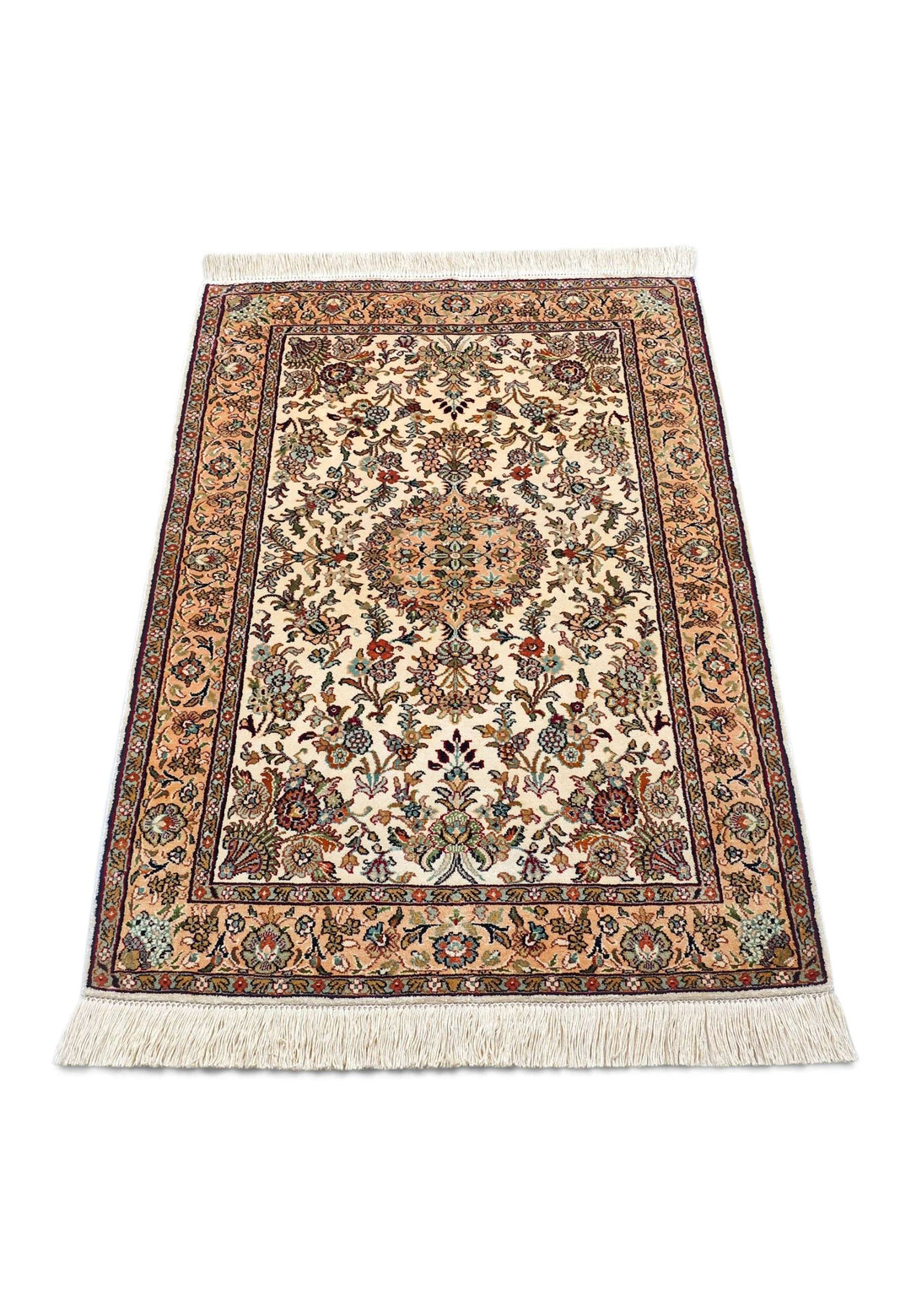 Ivory Kashmiri Silk Rug, hand-knotted, 66×94cm, photo 3