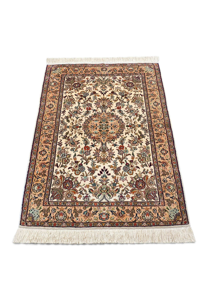 Ivory Kashmiri Silk Rug, hand-knotted, 66×94cm, photo 3