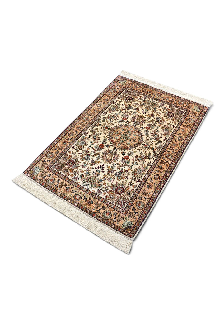 Ivory Kashmiri Silk Rug, hand-knotted, 66×94cm, photo 5