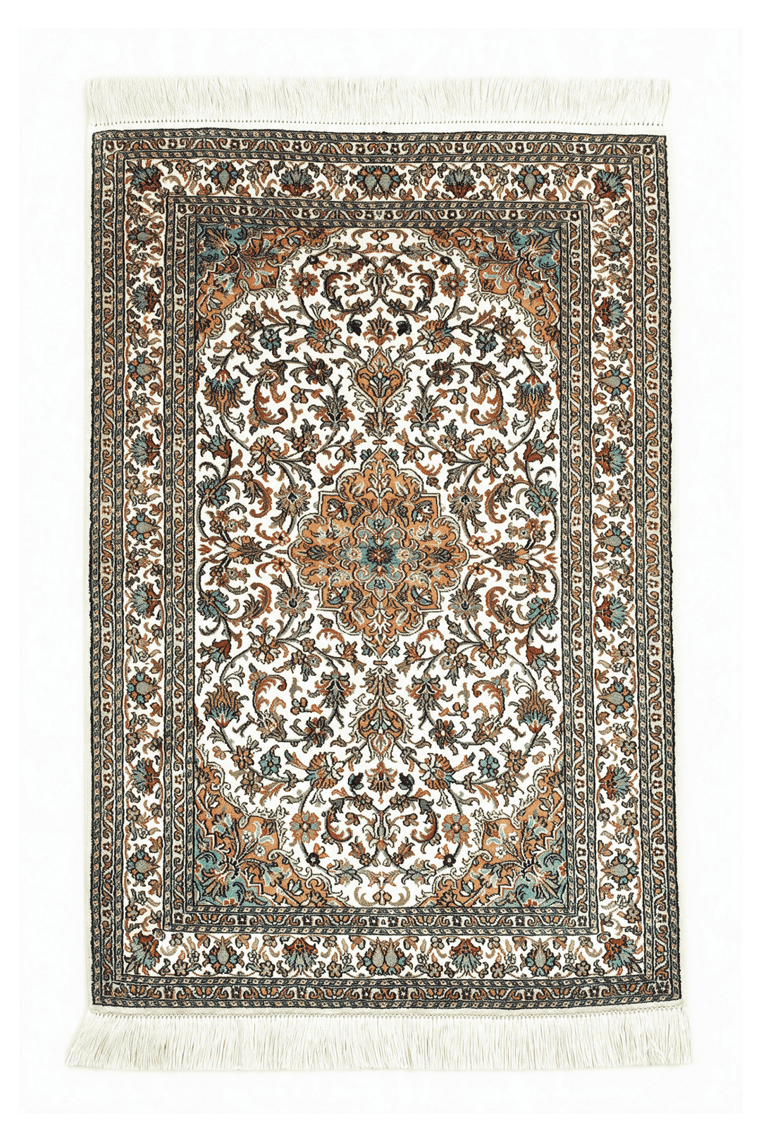 Ivory Kashmiri Silk Rug, medallion design, hand-knotted, 66×98cm