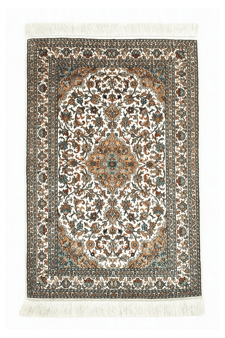 Ivory Kashmiri Silk Rug, medallion design, hand-knotted, 66×98cm