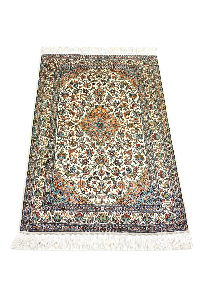 Ivory Kashmiri Silk Rug, hand-knotted, 66×98cm, photo 3