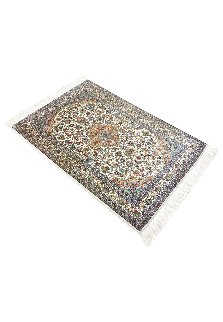 Ivory Kashmiri Silk Rug, hand-knotted, 66×98cm, photo 5