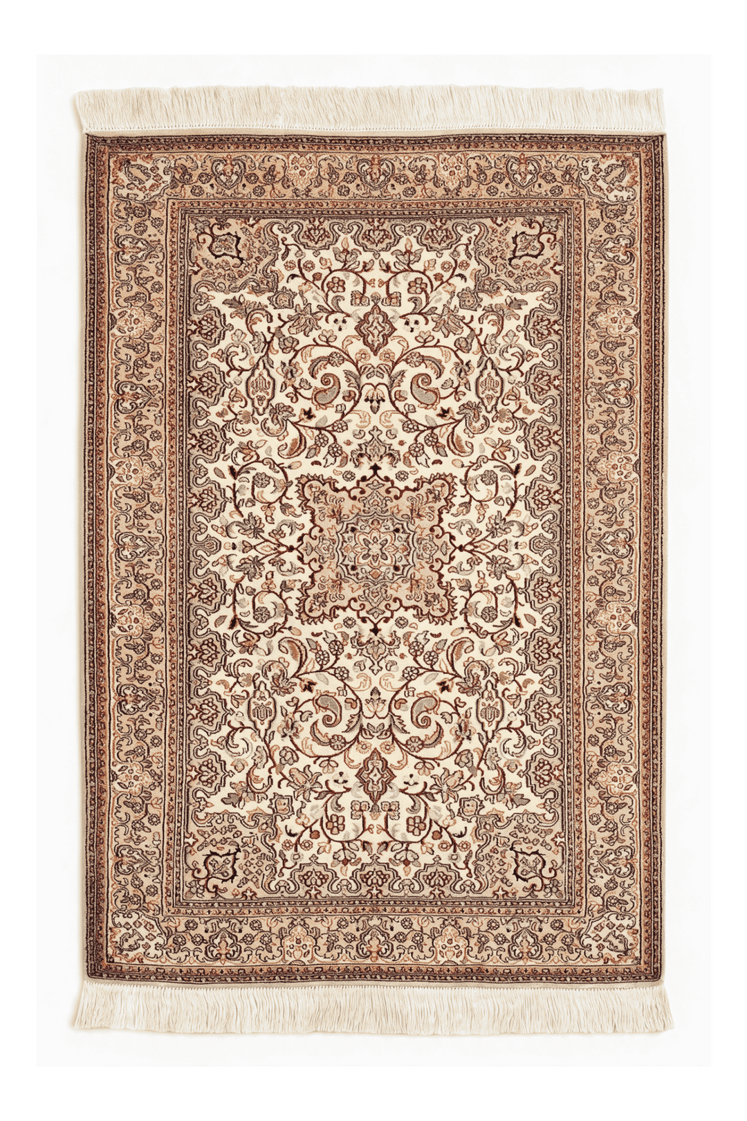 Ivory Kashmiri Silk Rug, medallion design, hand-knotted, 68×96cm
