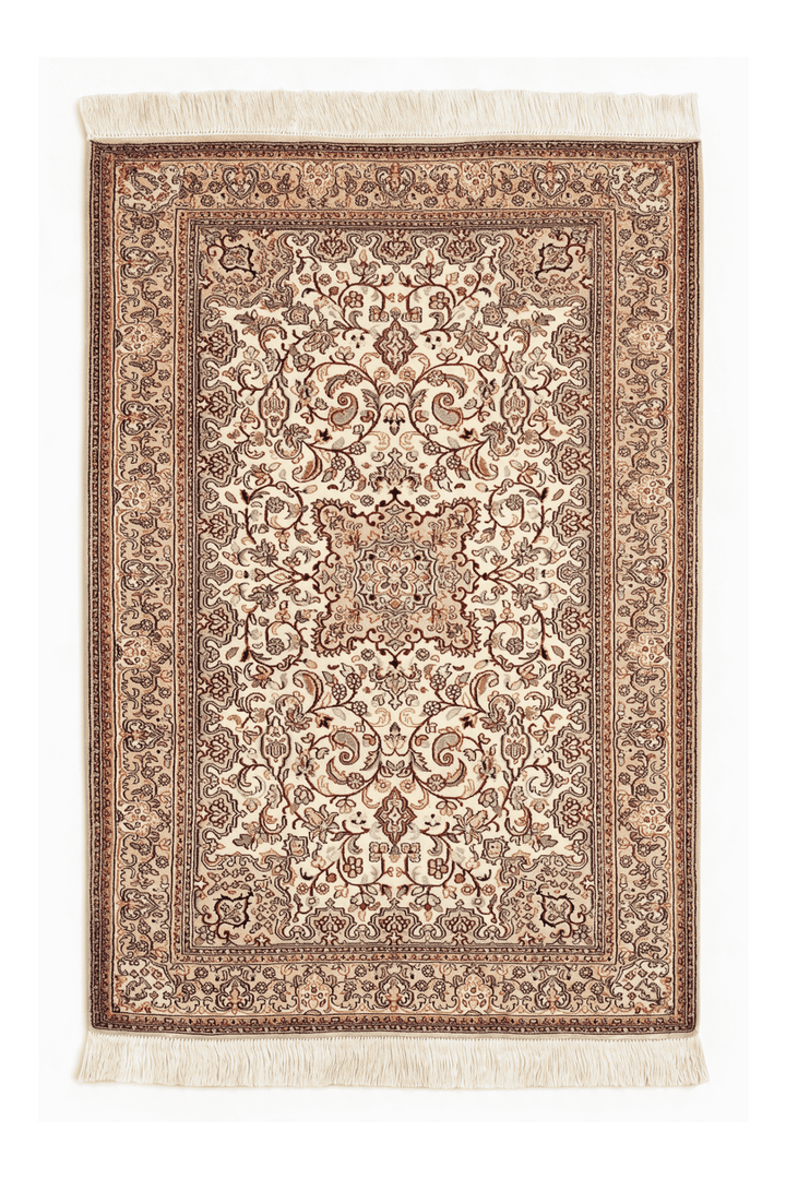 Ivory Kashmiri Silk Rug, medallion design, hand-knotted, 68×96cm