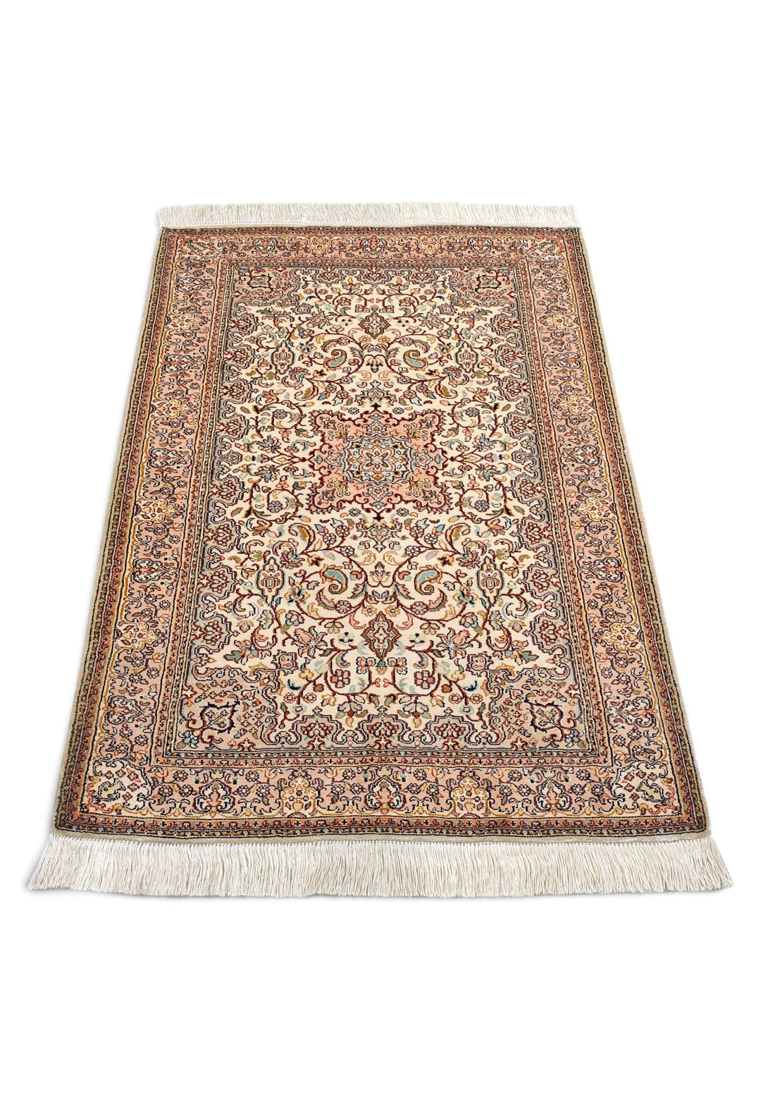 Ivory Kashmiri Silk Rug, hand-knotted, 68×96cm, photo 3