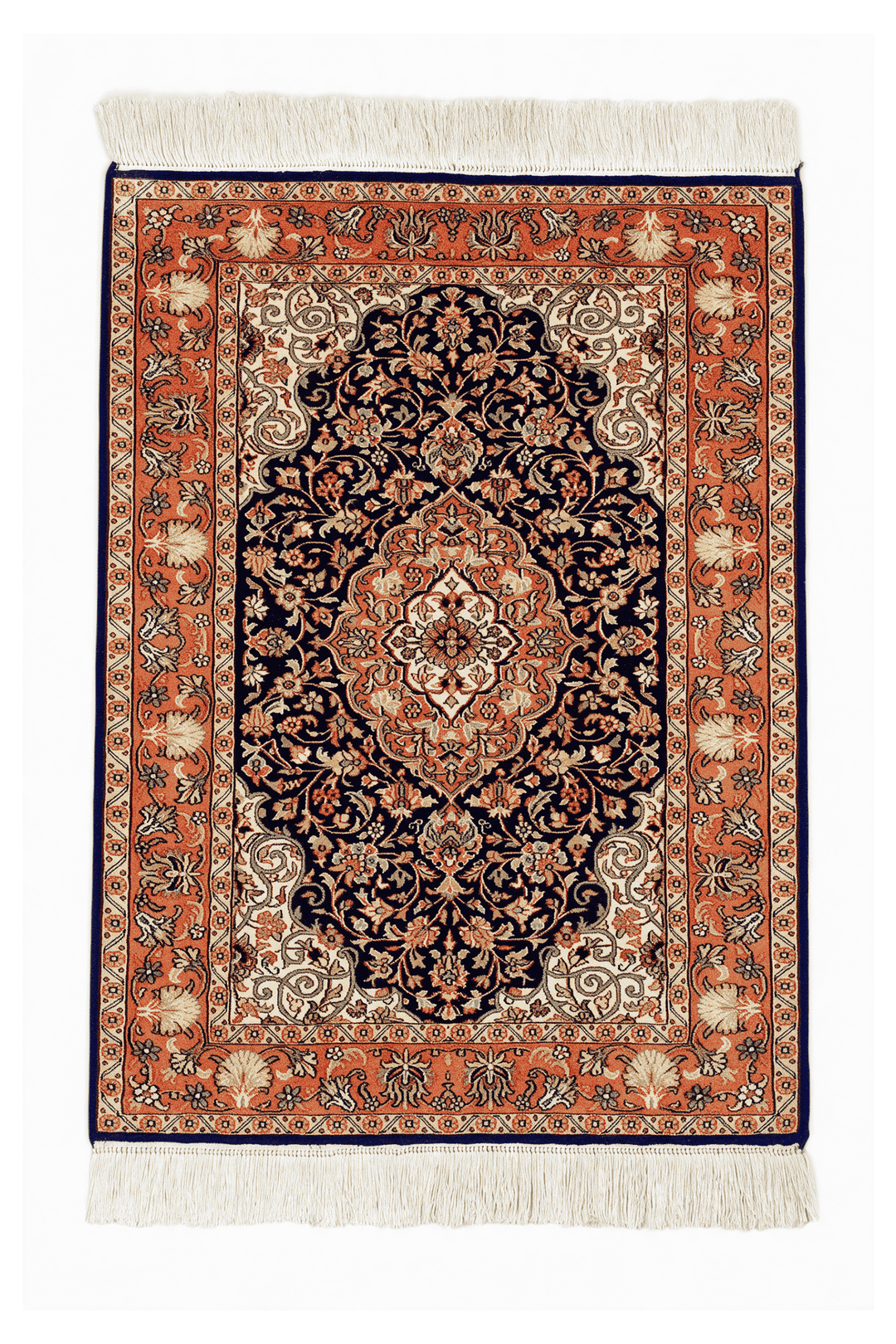 Navy Blue Kashmiri Silk Rug, medallion design, hand-knotted, 63×92cm