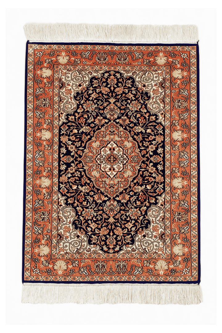 Navy Blue Kashmiri Silk Rug, medallion design, hand-knotted, 63×92cm