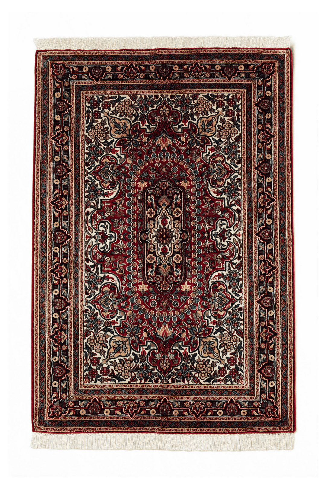 Navy Blue Kashmiri Silk Rug, medallion design, hand-knotted, 63×95cm