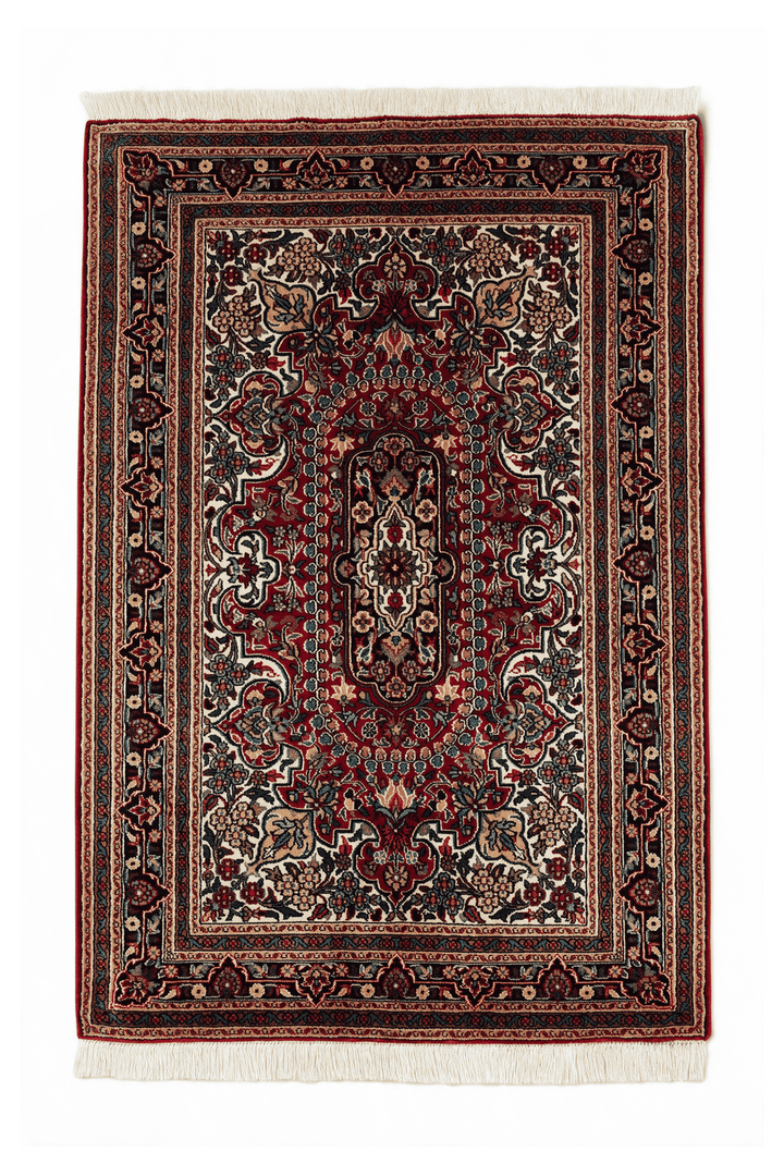 Navy Blue Kashmiri Silk Rug, medallion design, hand-knotted, 63×95cm