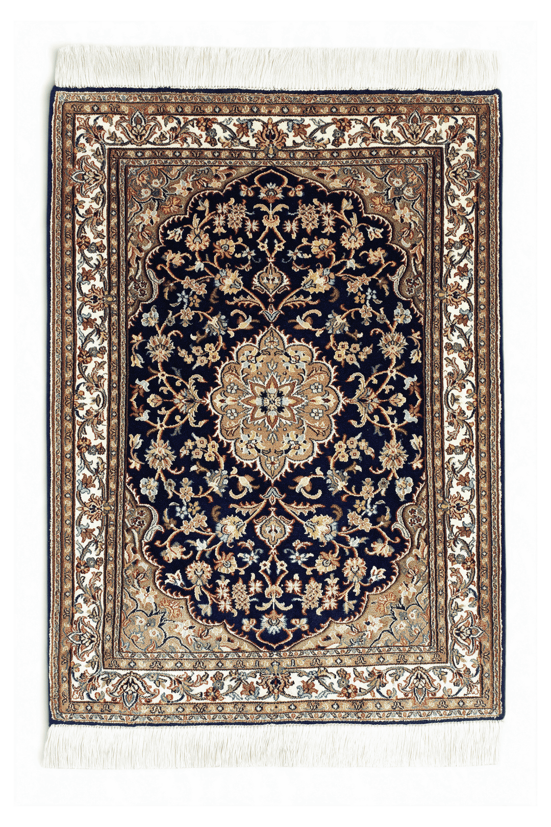 Navy Blue Kashmiri Silk Rug, medallion design, hand-knotted, 64×89cm