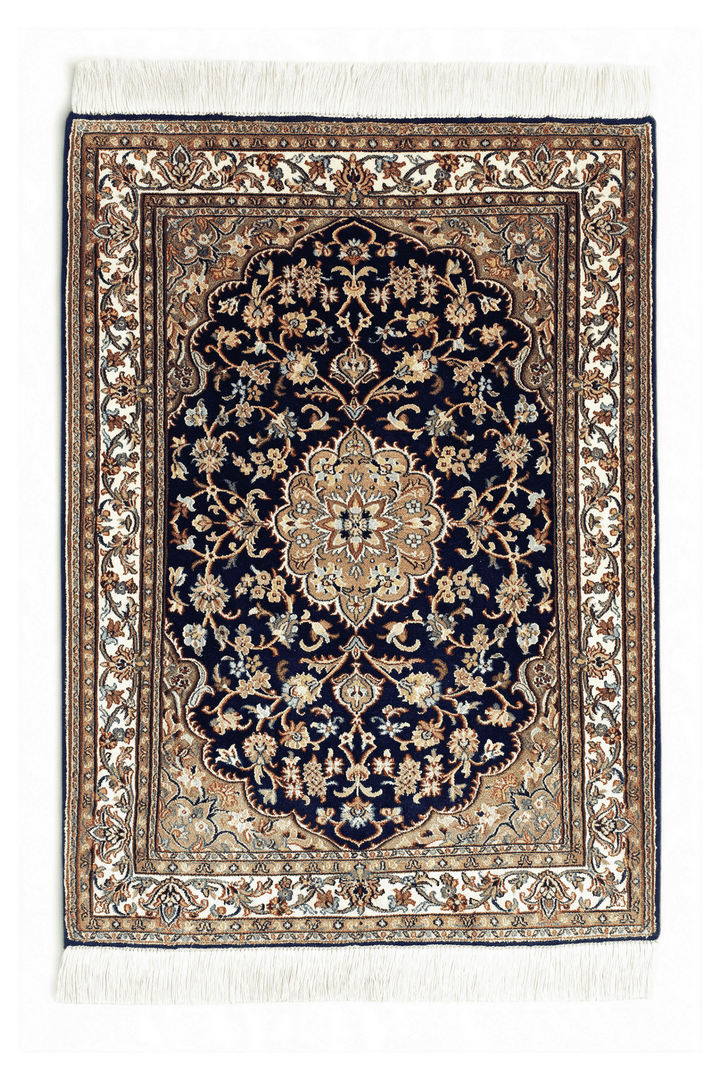 Navy Blue Kashmiri Silk Rug, medallion design, hand-knotted, 64×89cm
