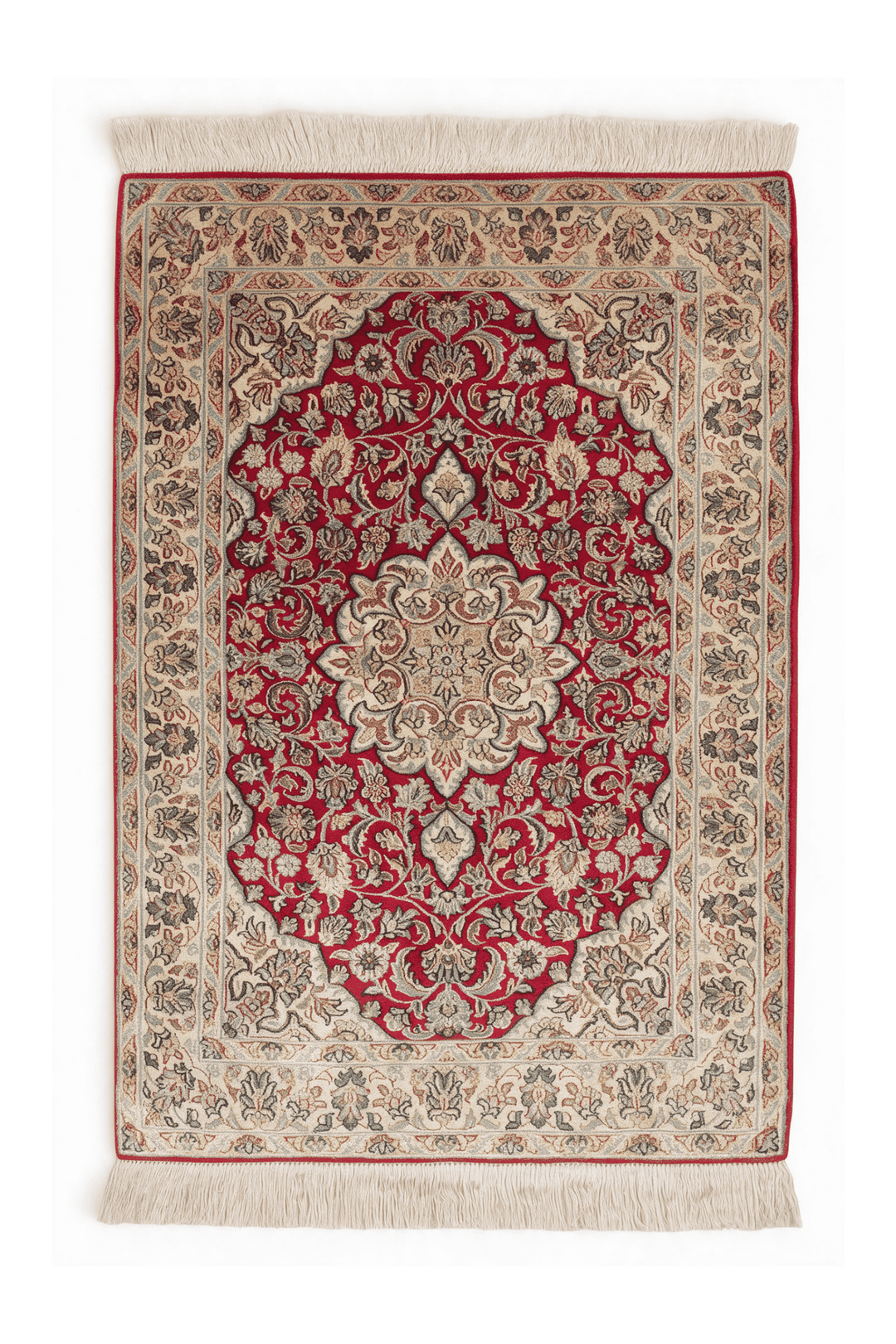 Red Kashmiri Silk Rug, medallion design, hand-knotted, 62×87cm