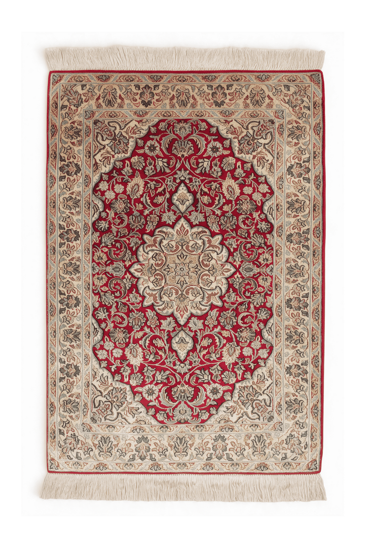 Red Kashmiri Silk Rug, medallion design, hand-knotted, 62×87cm