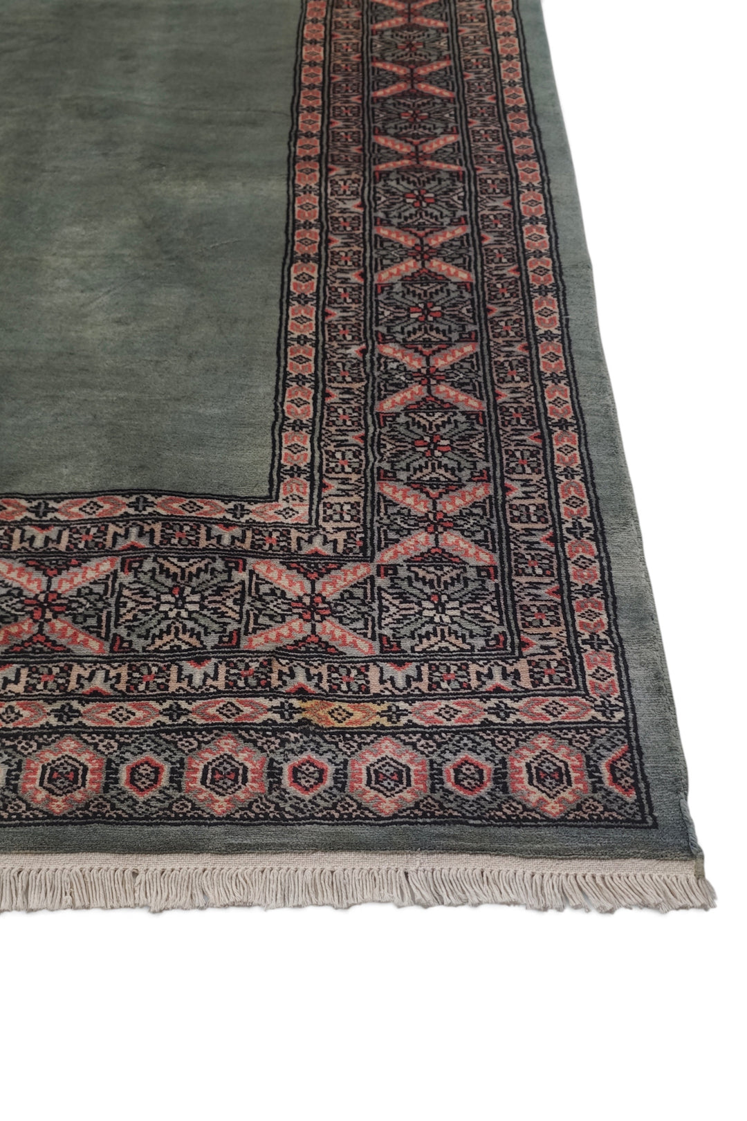 Sage Green and Rose Plain Field Bokhara, Hand-Knotted Wool Rug
