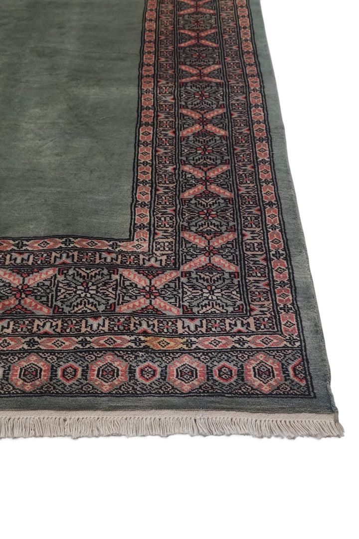 Sage Green and Rose Plain Field Bokhara, Hand-Knotted Wool Rug