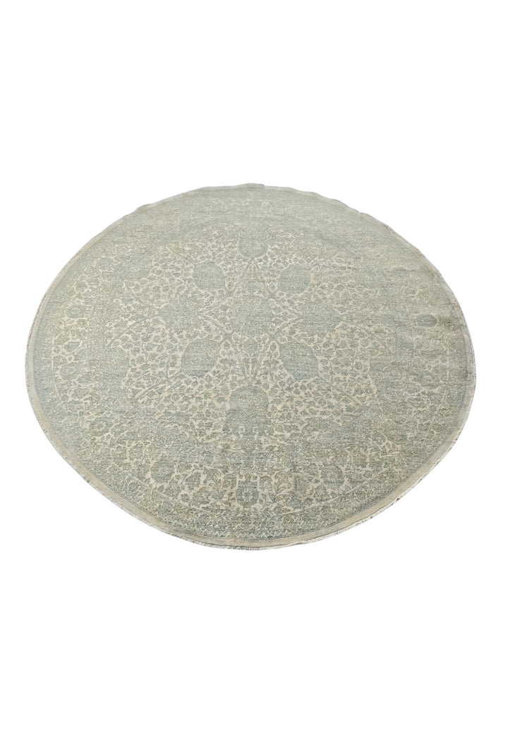 Sage and Cream Concentric Floral Round, Hand-Knotted Wool and Silk Rug