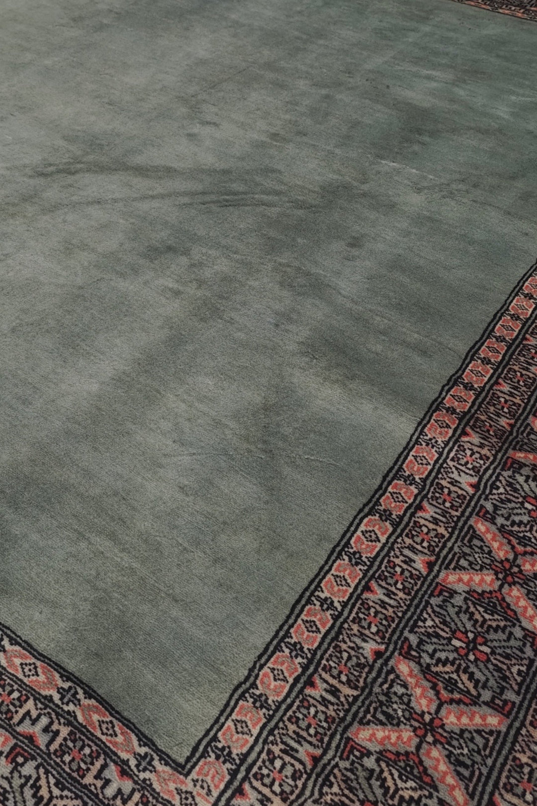 Sage Green and Rose Plain Field Bokhara, Hand-Knotted Wool Rug