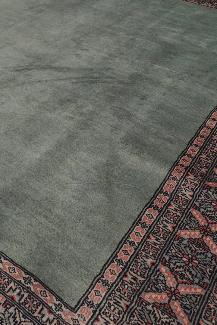 Sage Green and Rose Plain Field Bokhara, Hand-Knotted Wool Rug
