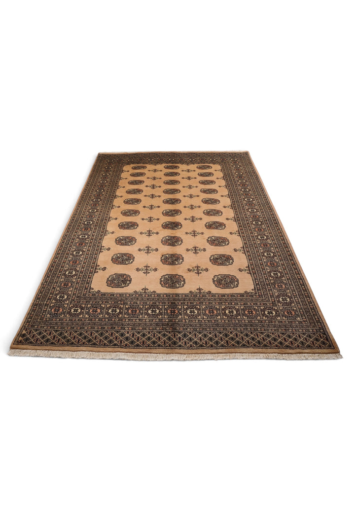 Camel and Mahogany Turkmen Gül Bokhara, Hand-Knotted Wool Rug