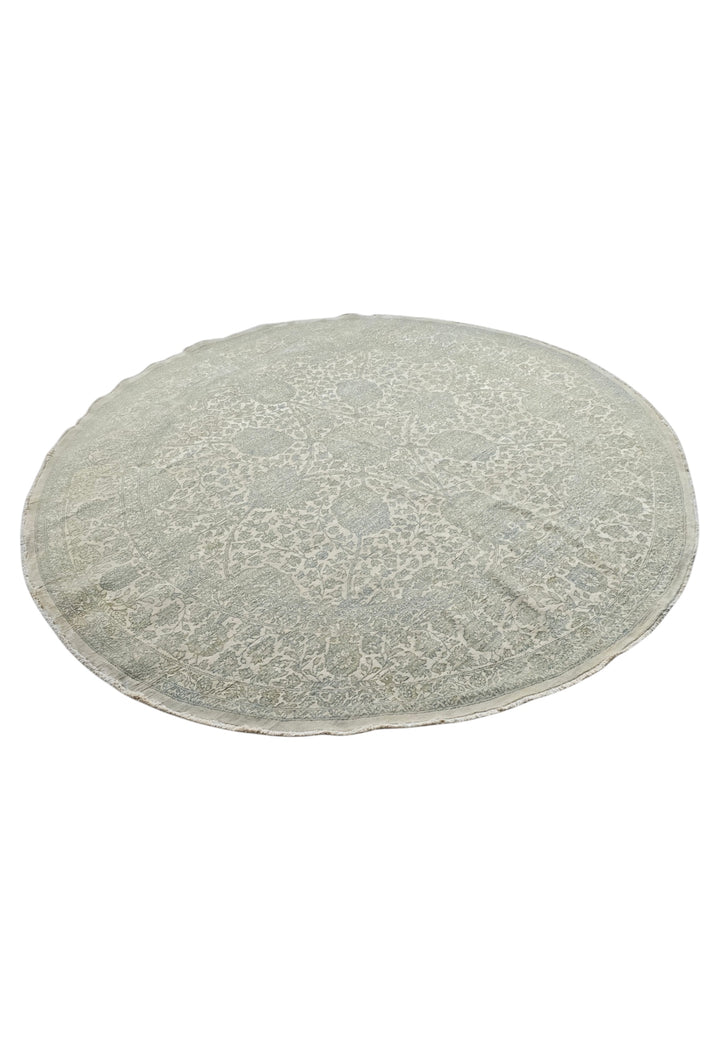 Sage and Cream Concentric Floral Round, Hand-Knotted Wool and Silk Rug