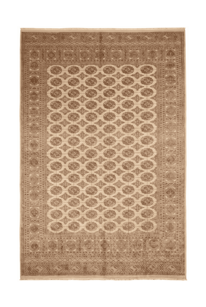 Antique cream Turkmen gül Bokhara hand-knotted wool rug, 286×368cm, 6 tatami